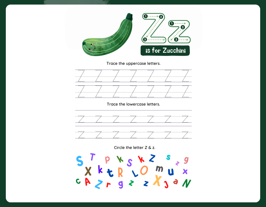 4+ Letter Z worksheets for Toddlers free